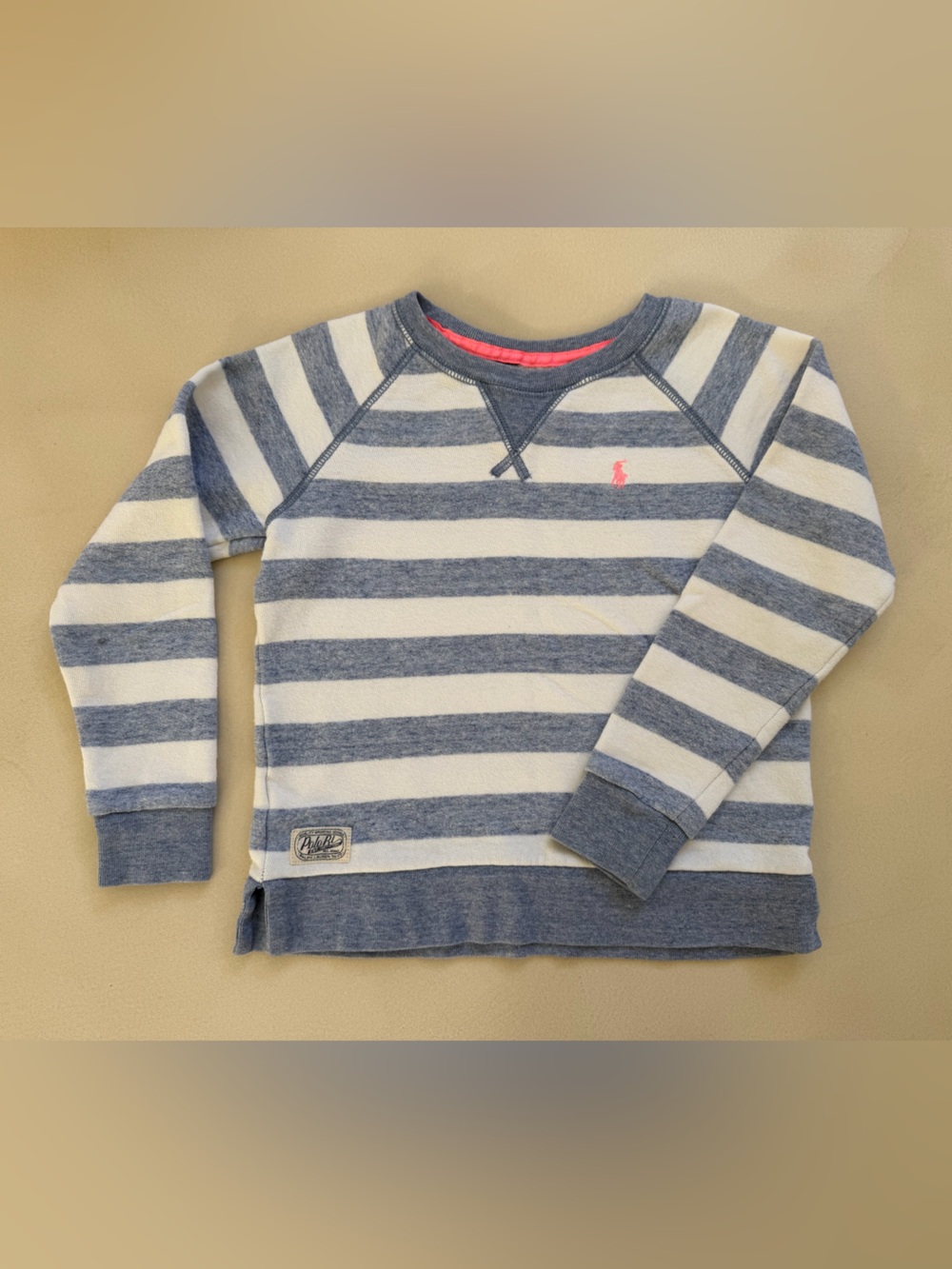 Polo by Ralph Lauren Blue & White Striped Crewneck Sweatshirt with Pink Logo